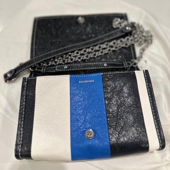 BALENCIAGA BAZAR Stripe Crossbody Shoulder Bag on Chain Blue Black White Leather - Picture 4 of 16